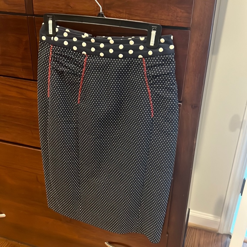 Anthropologie Polka Dot Skirt by Baraschi -Size 2 Navy w/Red Stitch & Ivory Dots